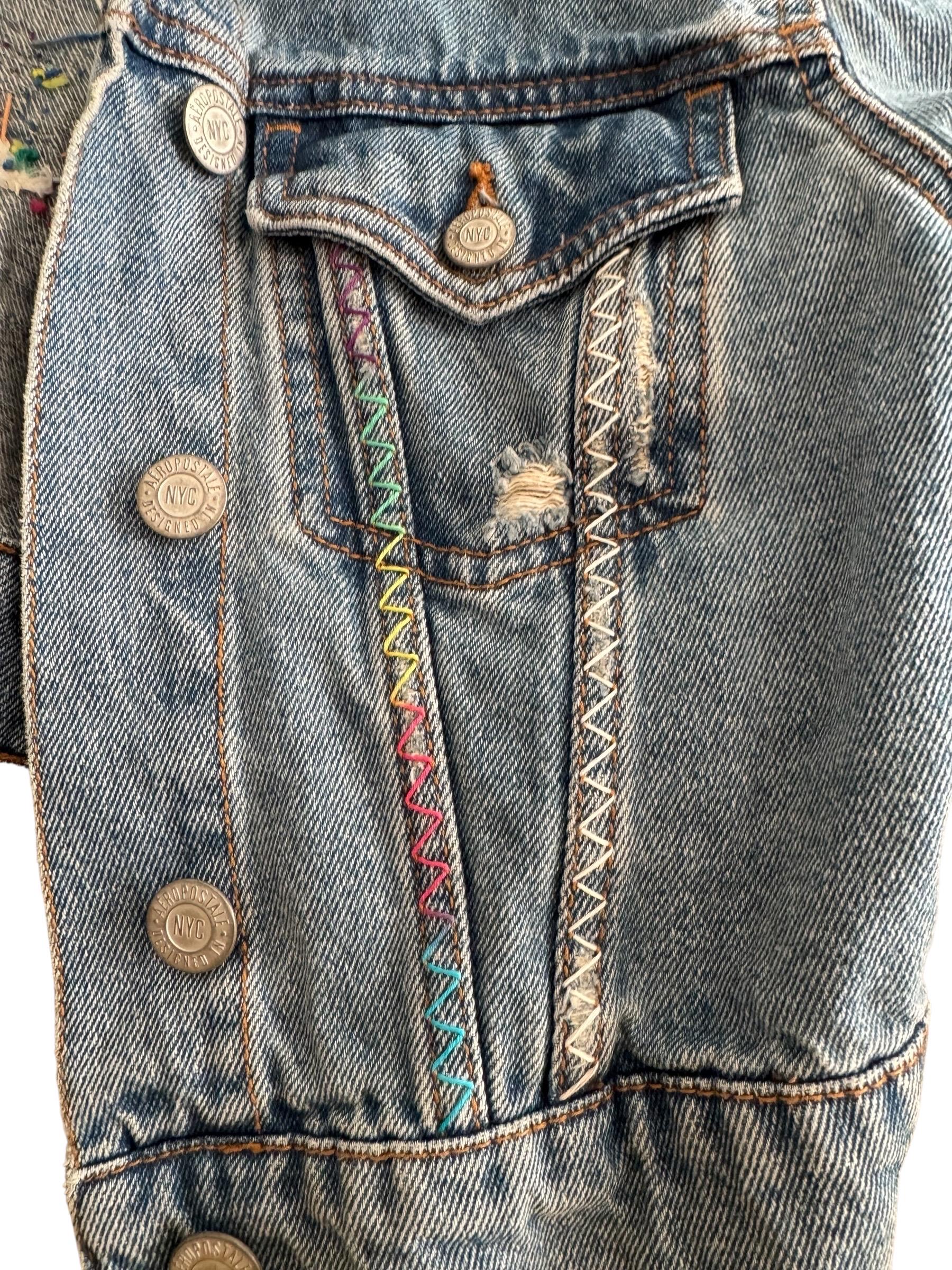 Cropped butterfly Hand-Embroidered Denim Jacket with Sherpa Collar – Small