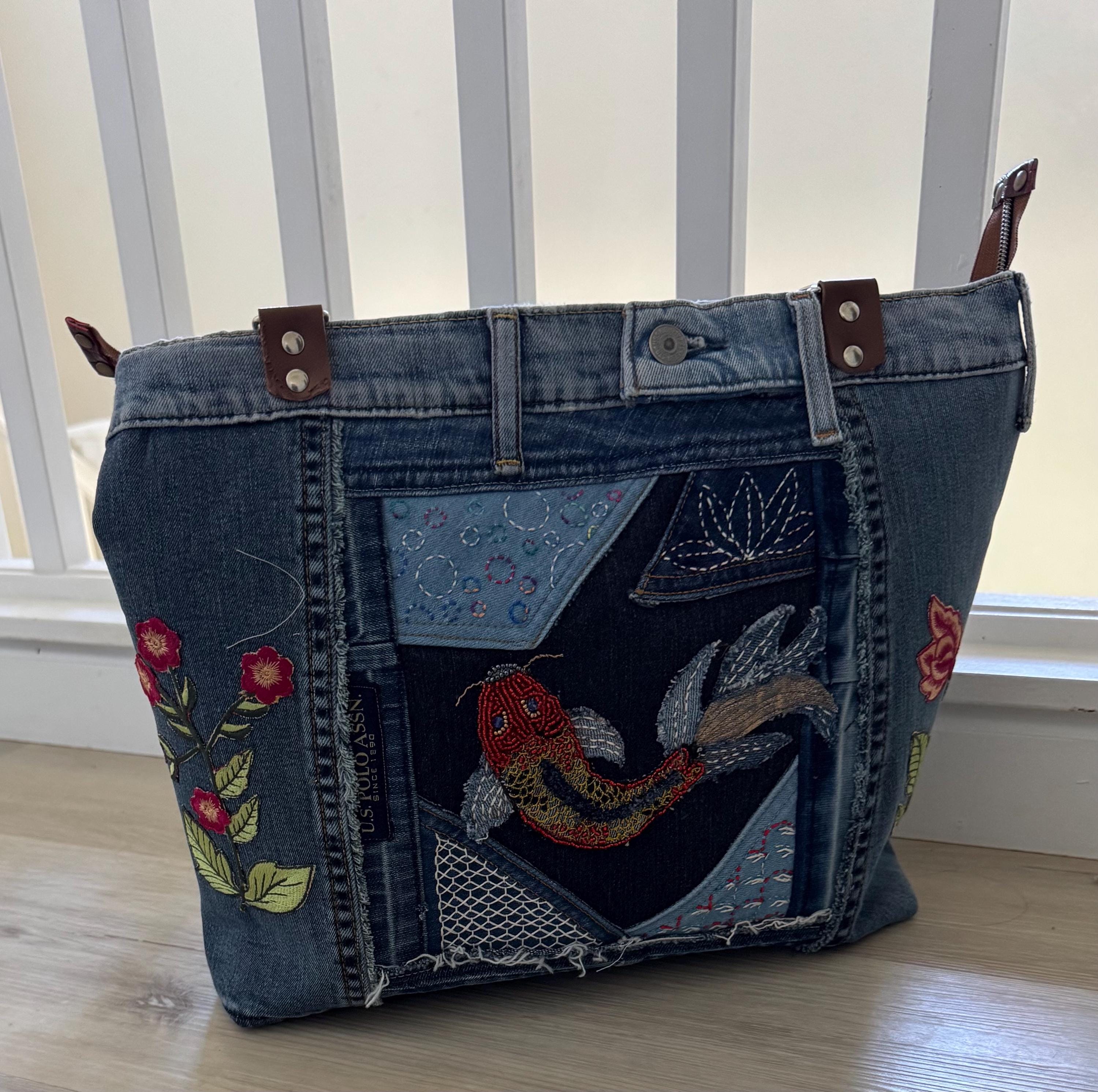 Upcycled Denim Tote Bag: Handmade Beaded Koi Fish Shoulder Bag