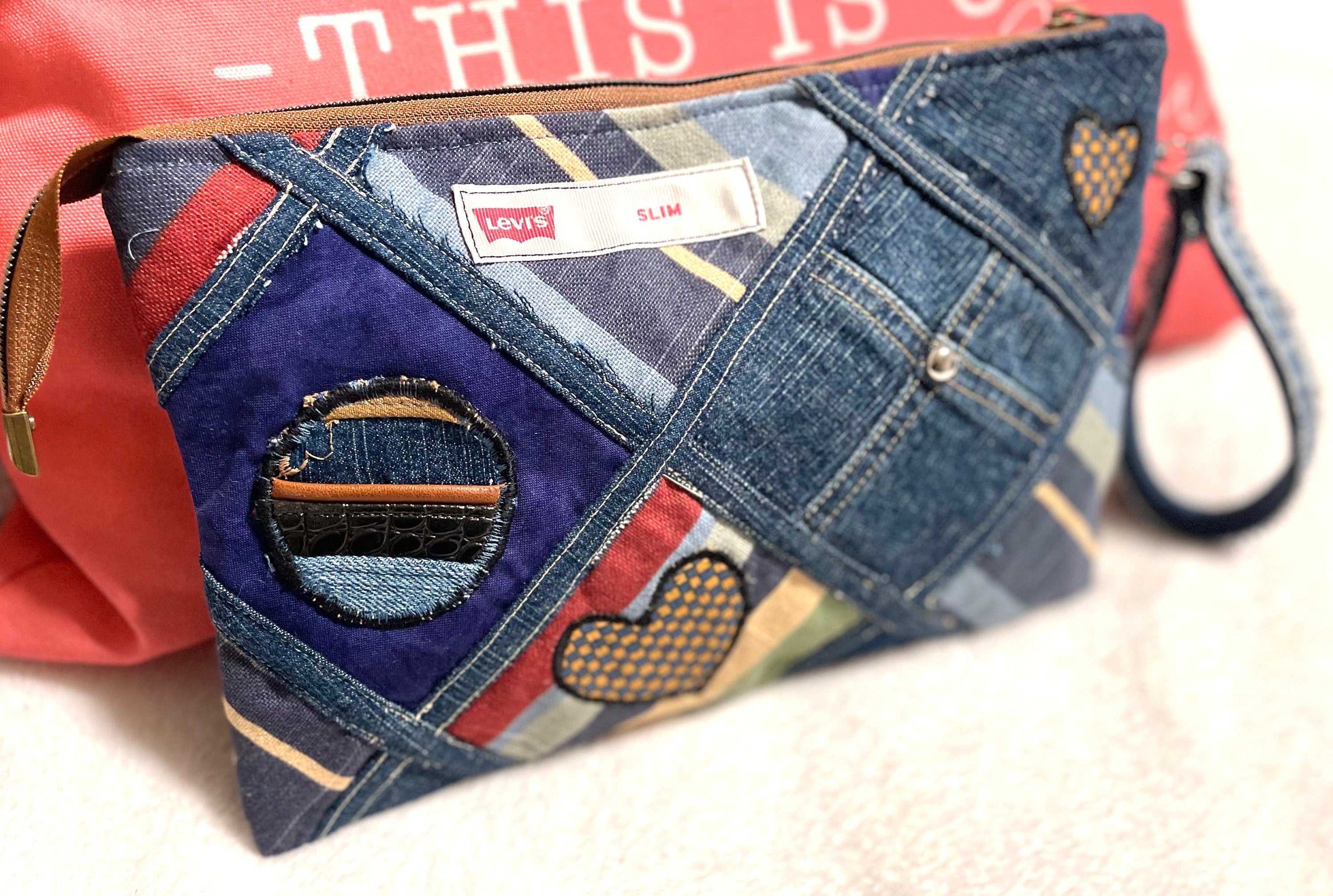 Denim Patchwork Clutch Wristlet: Upcycled Jeans, Boho Chic Bag