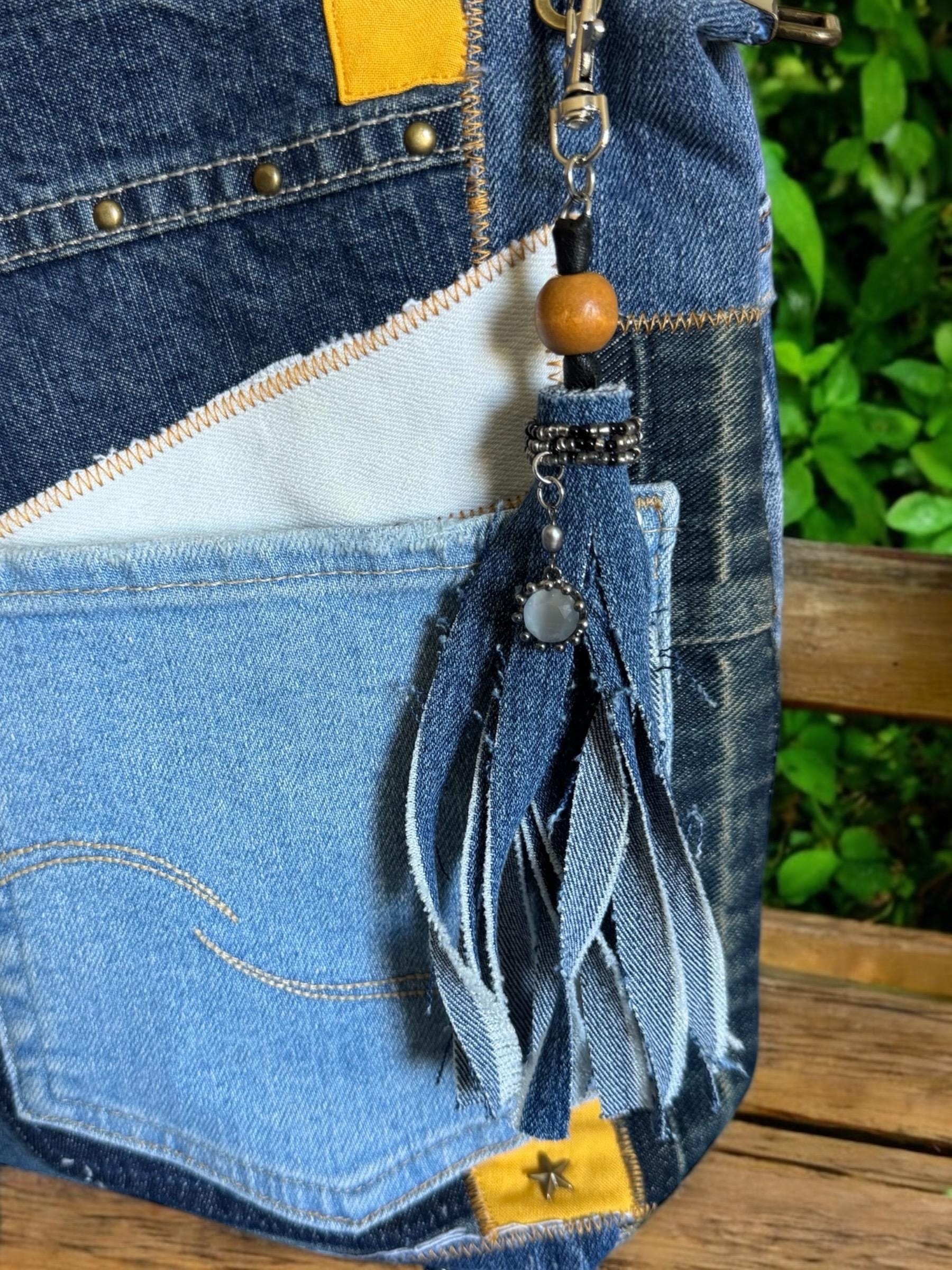Boho Denim Tassel Charm: Handmade Crystal & Bead Bag Accessory