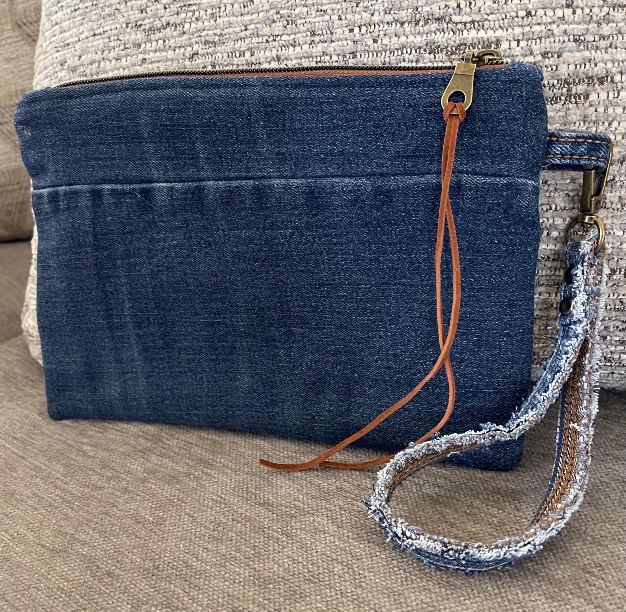 Boho Denim Patchwork Clutch Wristlet: Upcycled Jeans, Inside Pocket