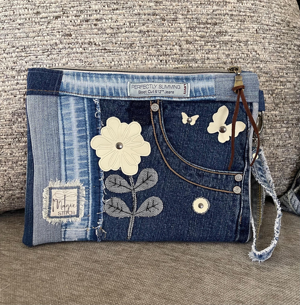 Unique bohemian handbag One-of-a-Kind Denim Patchwork Clutch with removable Wrist Handle