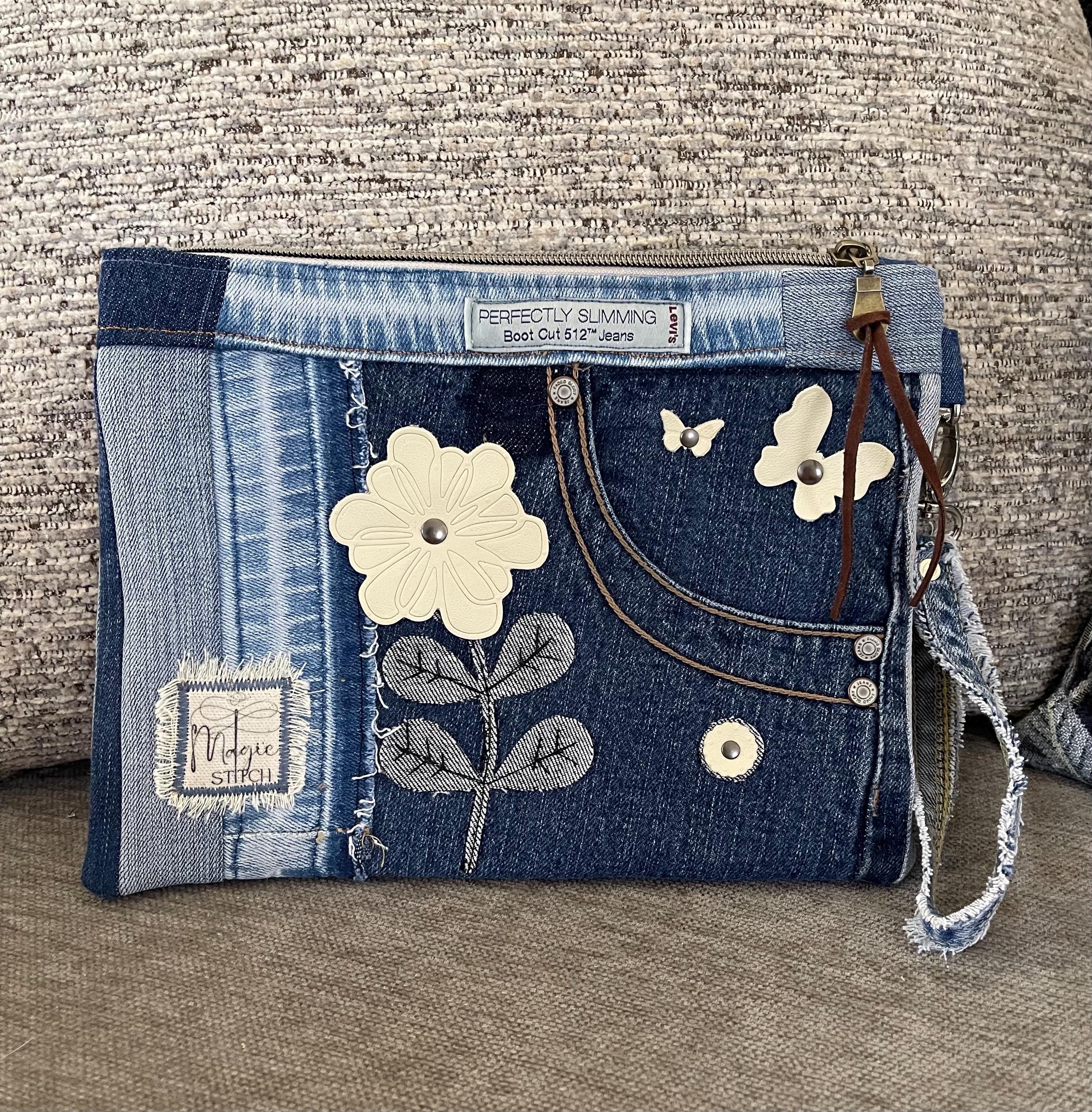 Unique bohemian handbag One-of-a-Kind Denim Patchwork Clutch with removable Wrist Handle