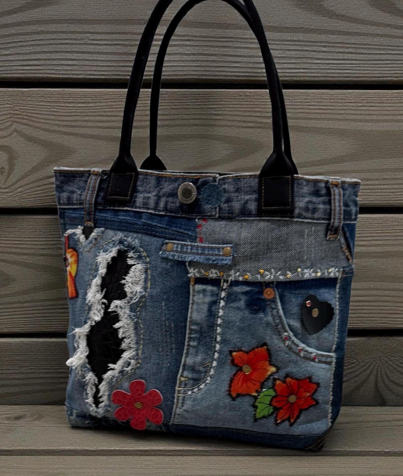 Distressed Denim Tote Bag with Hand & Machine Embroidery-Upcycled-One-of-a-Kind