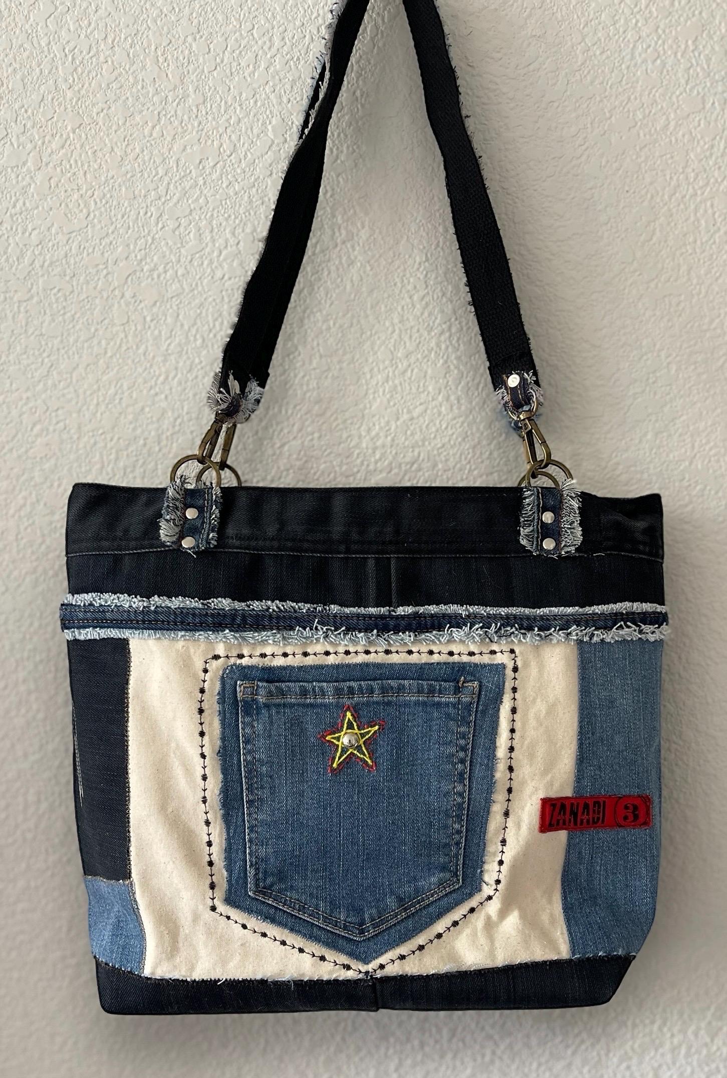 Denim patchwork shoulder bag-tote bag upcycled jeans boho bag