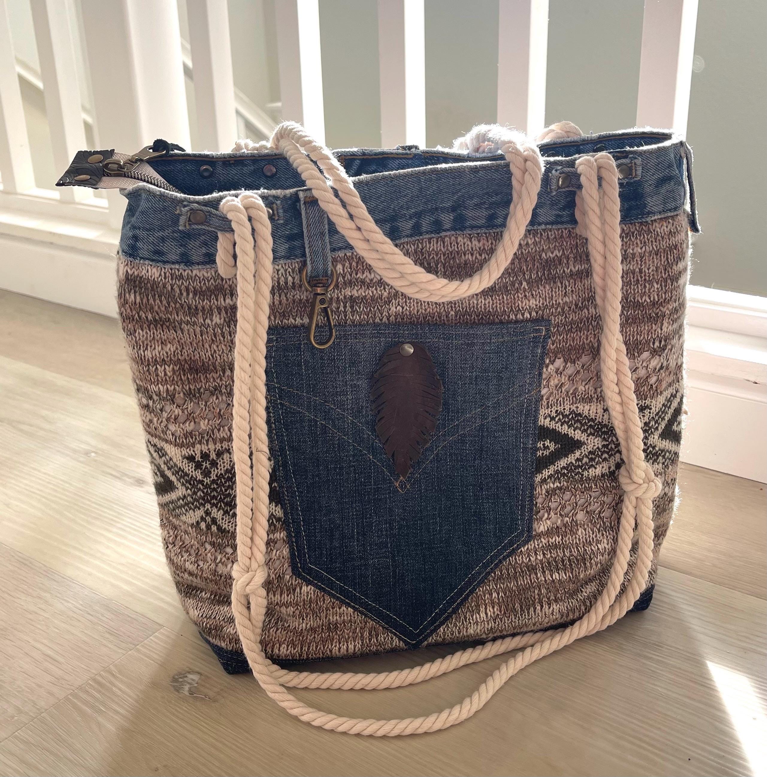 Denim & Textured Knit Upcycled Shoulder Bag | Eco-Friendly, Handmade, One-of-a-Kind Tote bag