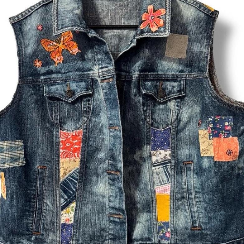 Upcycled Denim Patchwork Vest XXL | Handmade Boho Hippie Style