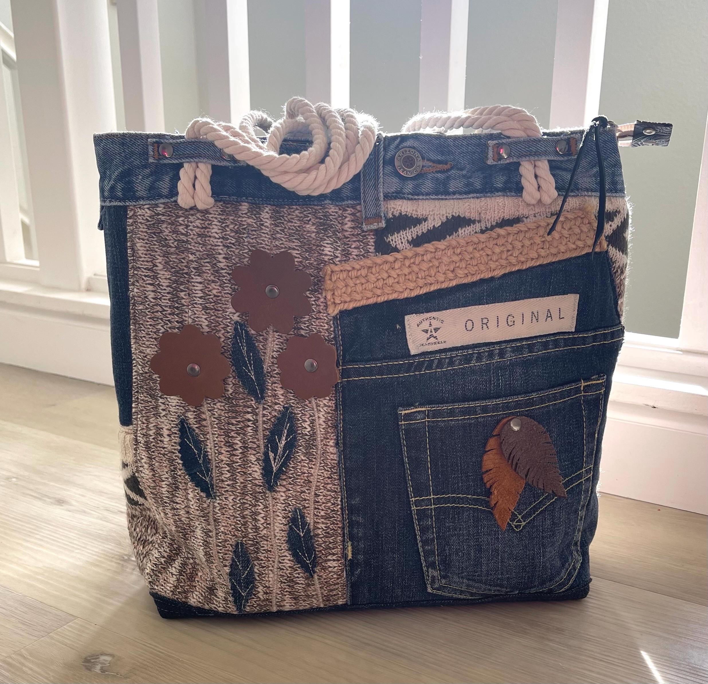 Denim & Textured Knit Upcycled Shoulder Bag | Eco-Friendly, Handmade, One-of-a-Kind Tote bag