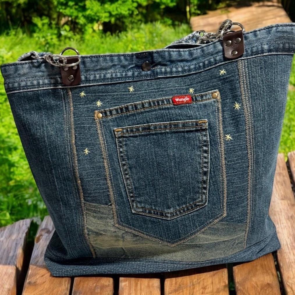 Denim Tote Bag-Handmade One-of-a-Kind  — “Moonlight Village” Patchwork Design by Indigo Threads