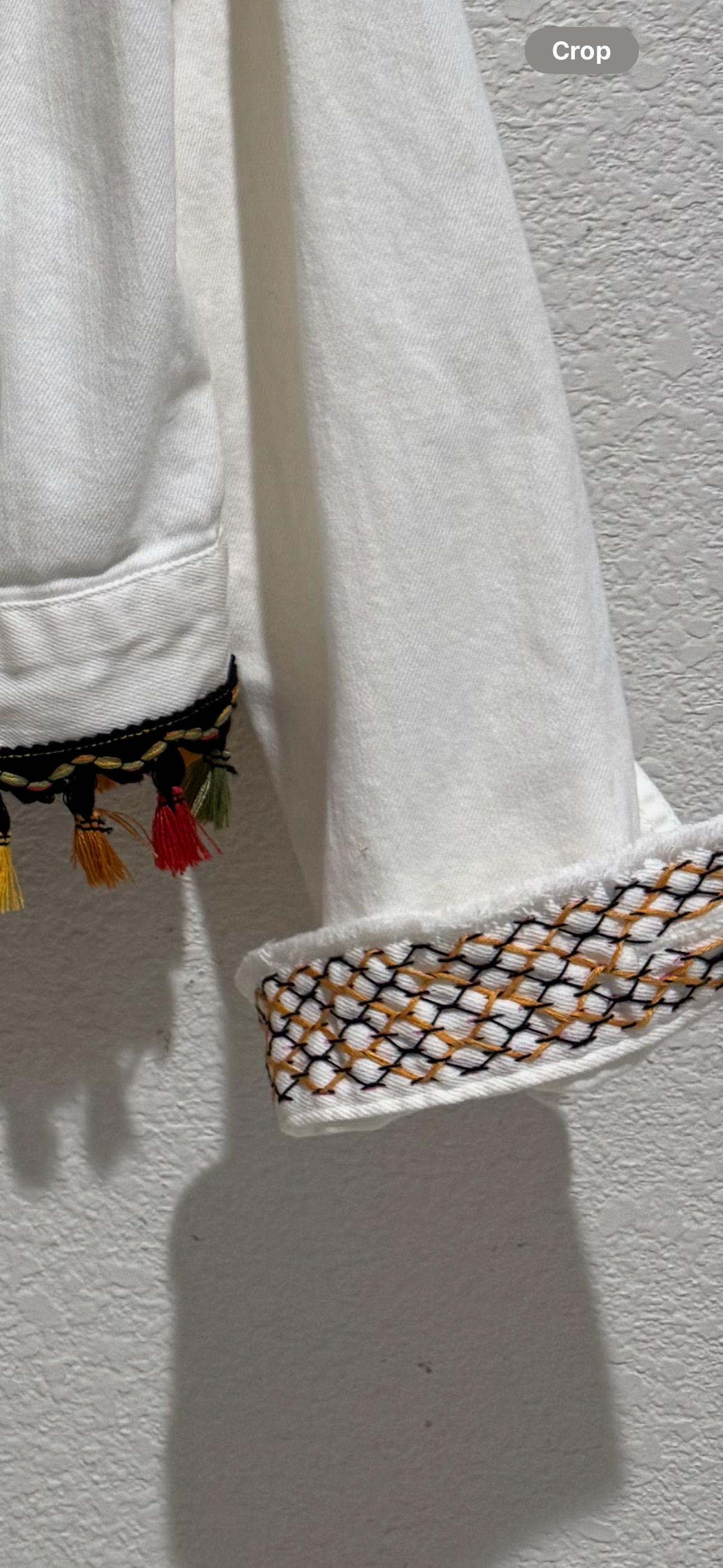 One-of-a-Kind White Distressed Denim Jacket – Patchwork, Sashiko Stitching & Tassel Embellishments – Small Size