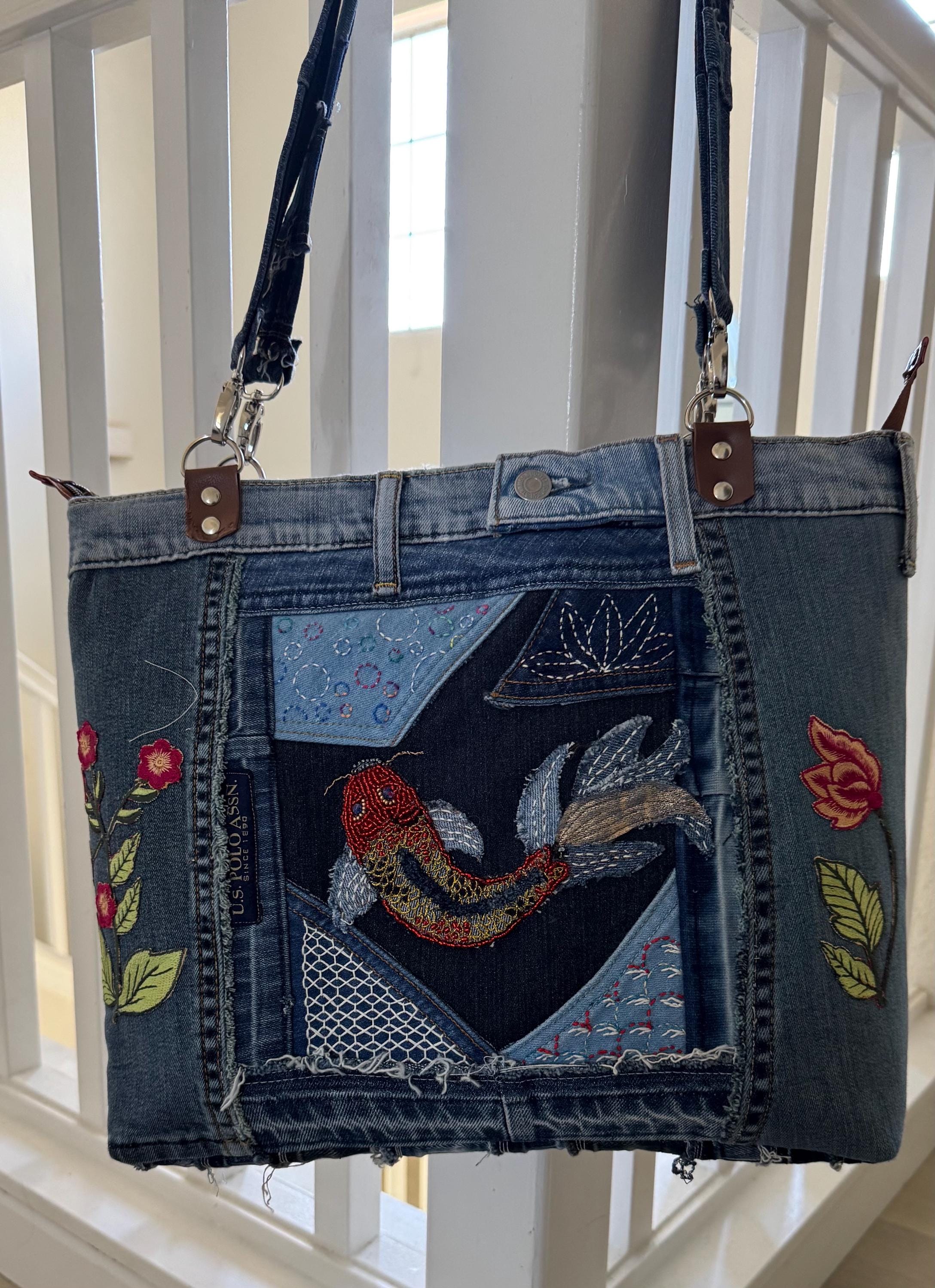 Upcycled Denim Tote Bag: Handmade Beaded Koi Fish Shoulder Bag
