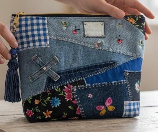 Upcycled Denim Patchwork Handbag, Floral Accents, Sustainable Jean Purse