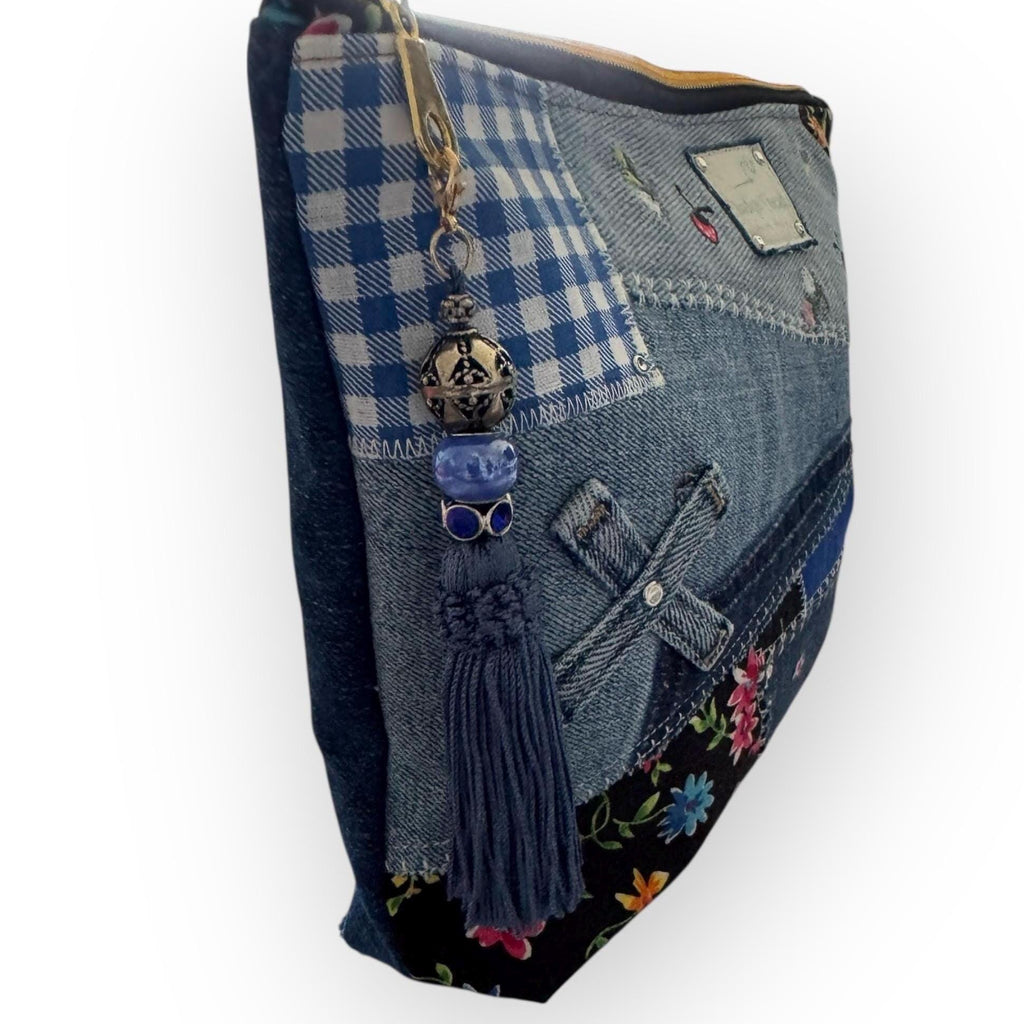 Upcycled Denim Patchwork Handbag, Floral Accents, Sustainable Jean Purse