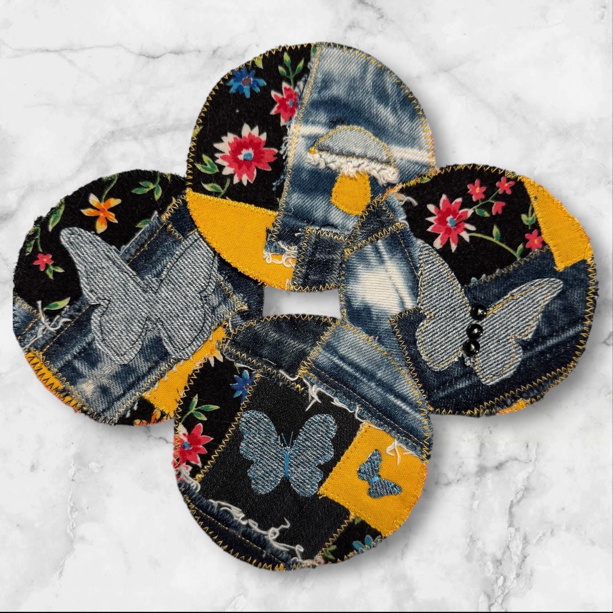 Handmade Patchwork Butterfly and Mushroom Patches – Sew-On Denim & Cotton Appliqué