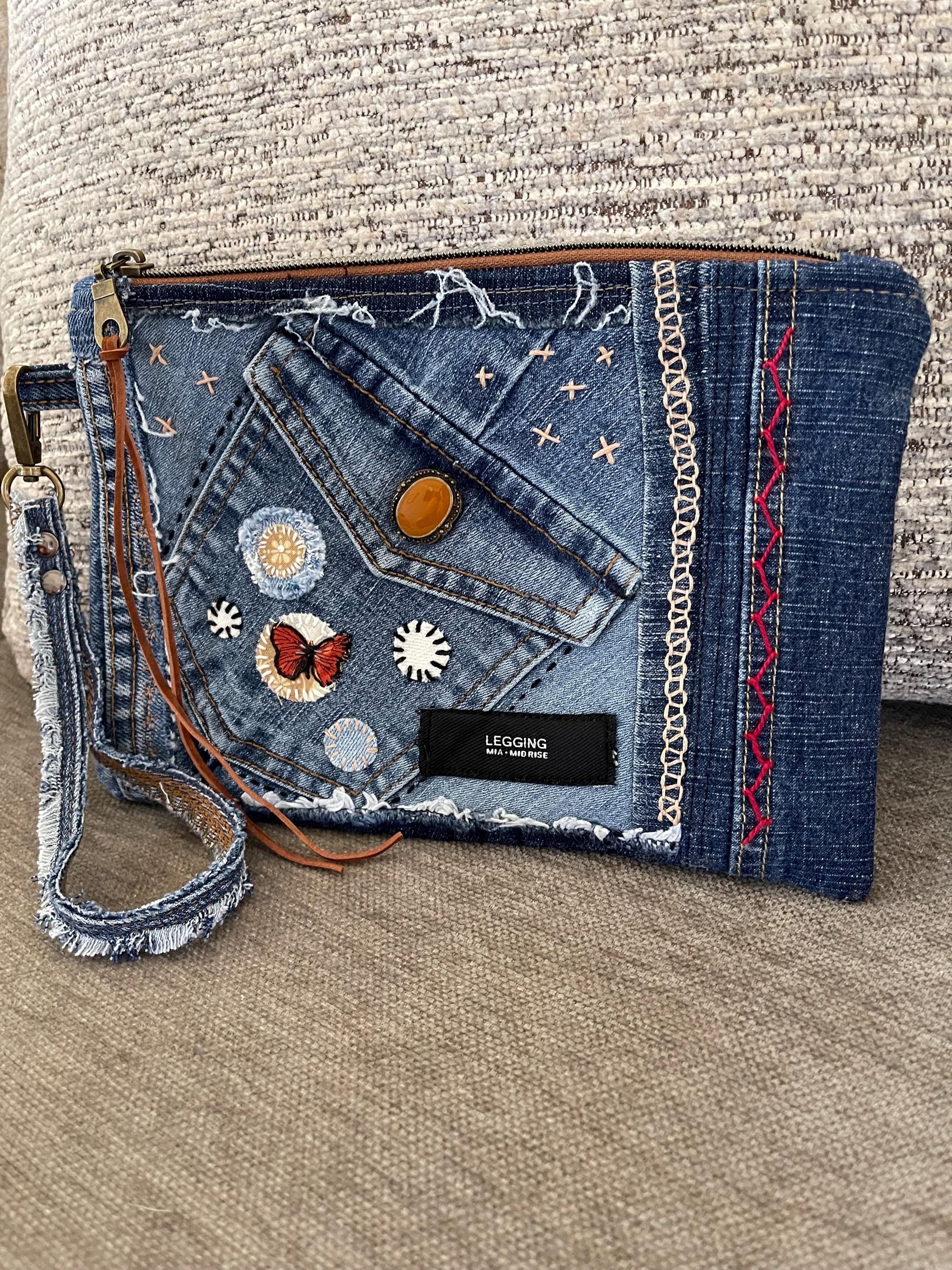 Boho Denim Patchwork Clutch Wristlet: Upcycled Jeans, Inside Pocket