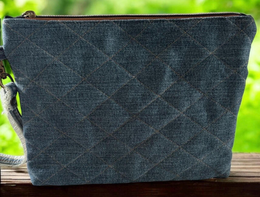 Cat Patchwork Crossbody Clutch Bag – Handmade Upcycled Denim Wristlet with Sunflowers, Appliqué & Chain Strap
