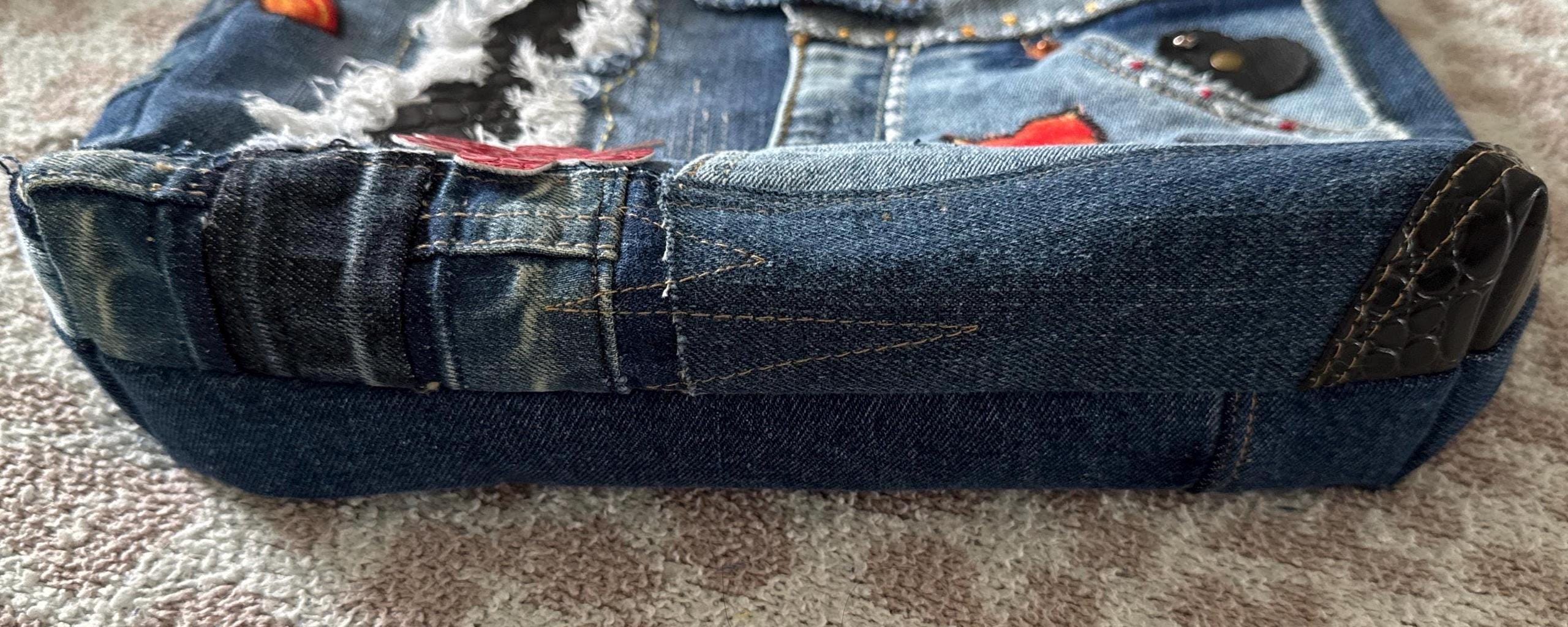 Distressed Denim Tote Bag with Hand & Machine Embroidery-Upcycled-One-of-a-Kind