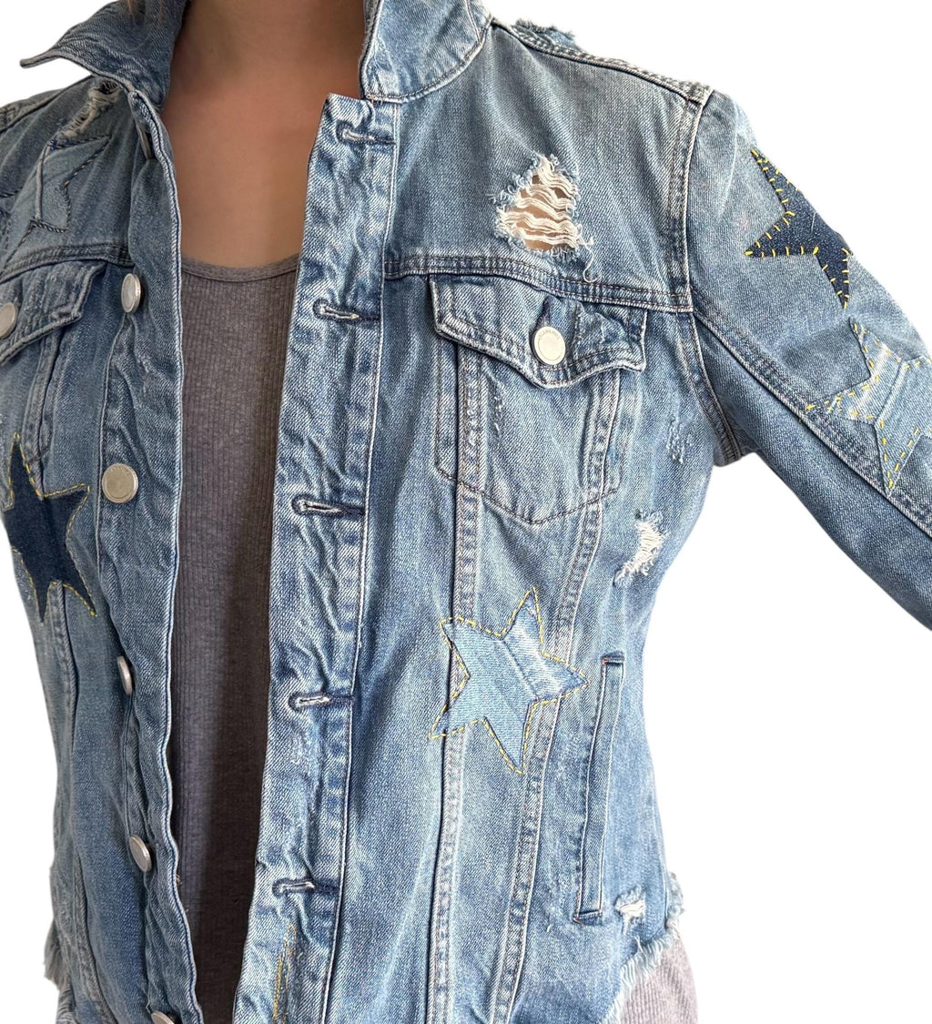 Upcycled Denim Star Patchwork Jacket: Distressed Handmade Jean Jacket - S/M