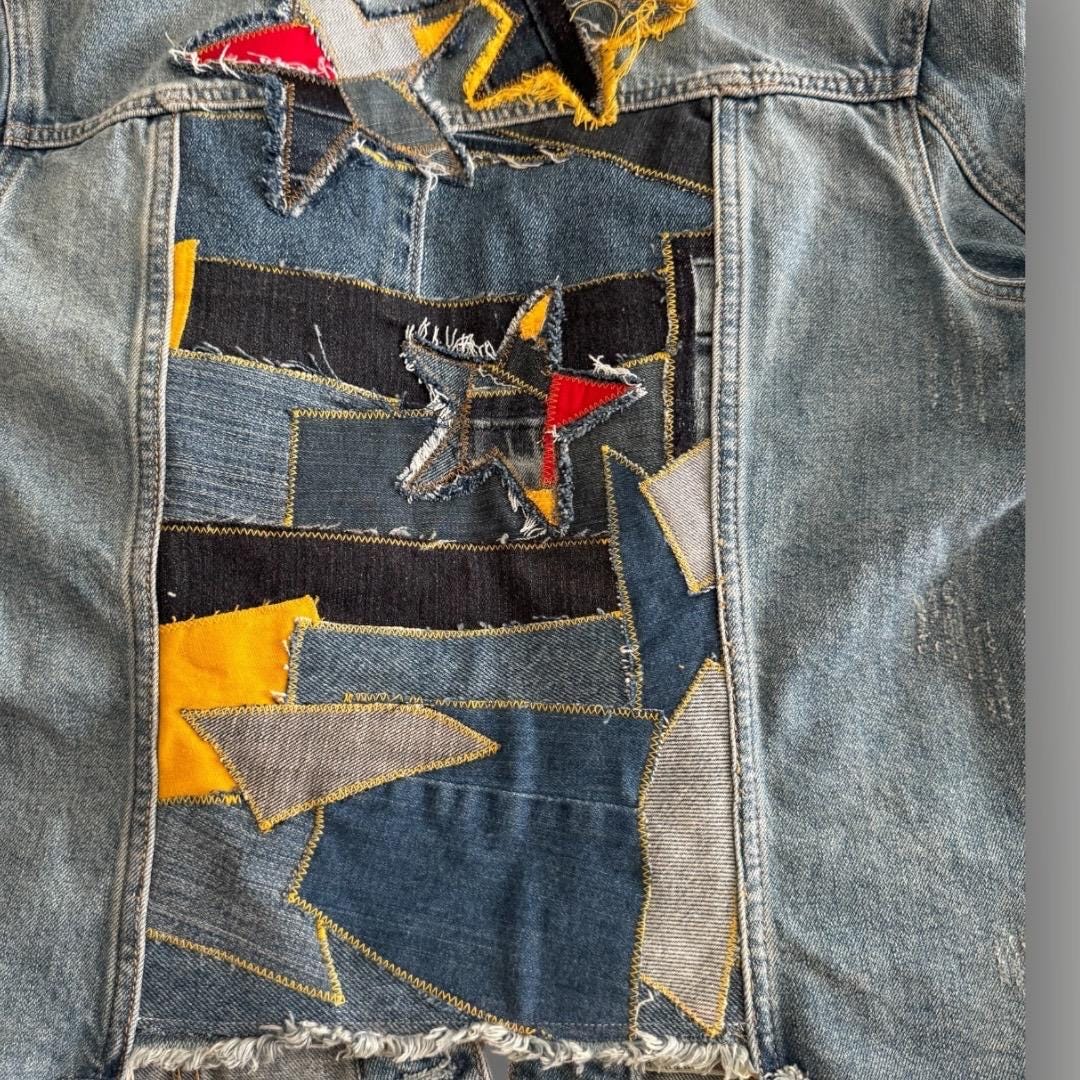 Upcycled Denim Star Patchwork Jacket: Distressed Handmade Jean Jacket - S/M