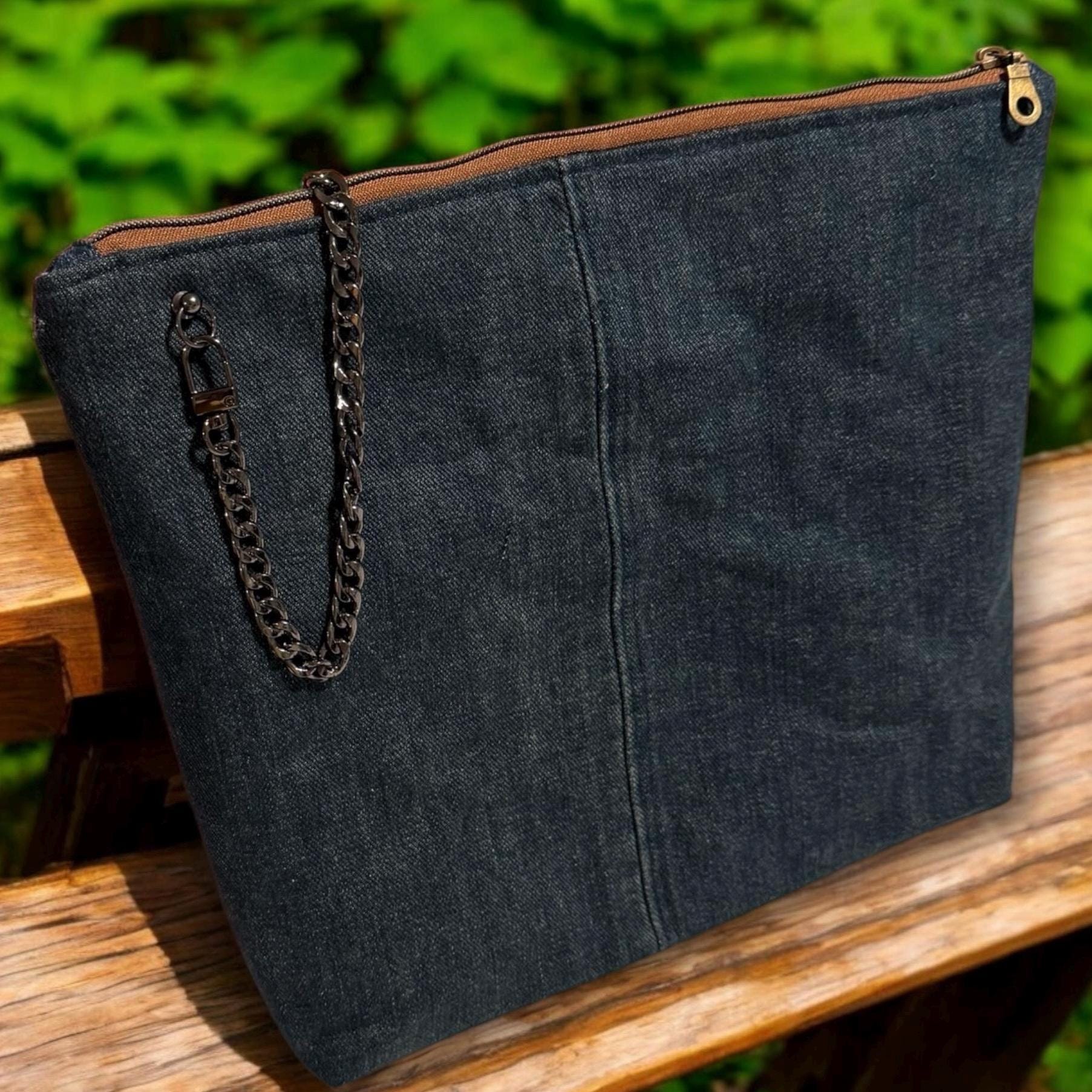 Upcycled Denim Patchwork Tote Bag: Mushroom Embroidery, Chain Strap