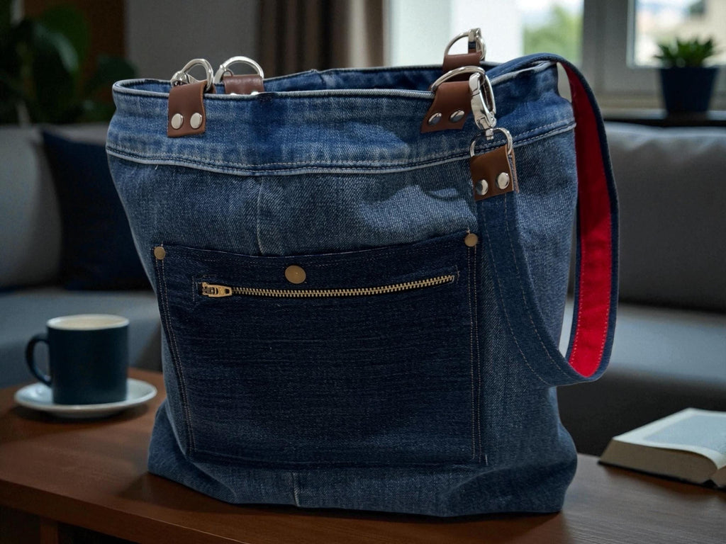 Boho Patchwork Denim Tote Bag-Handmade Upcycled Cotton Jean Purse & Embroidery