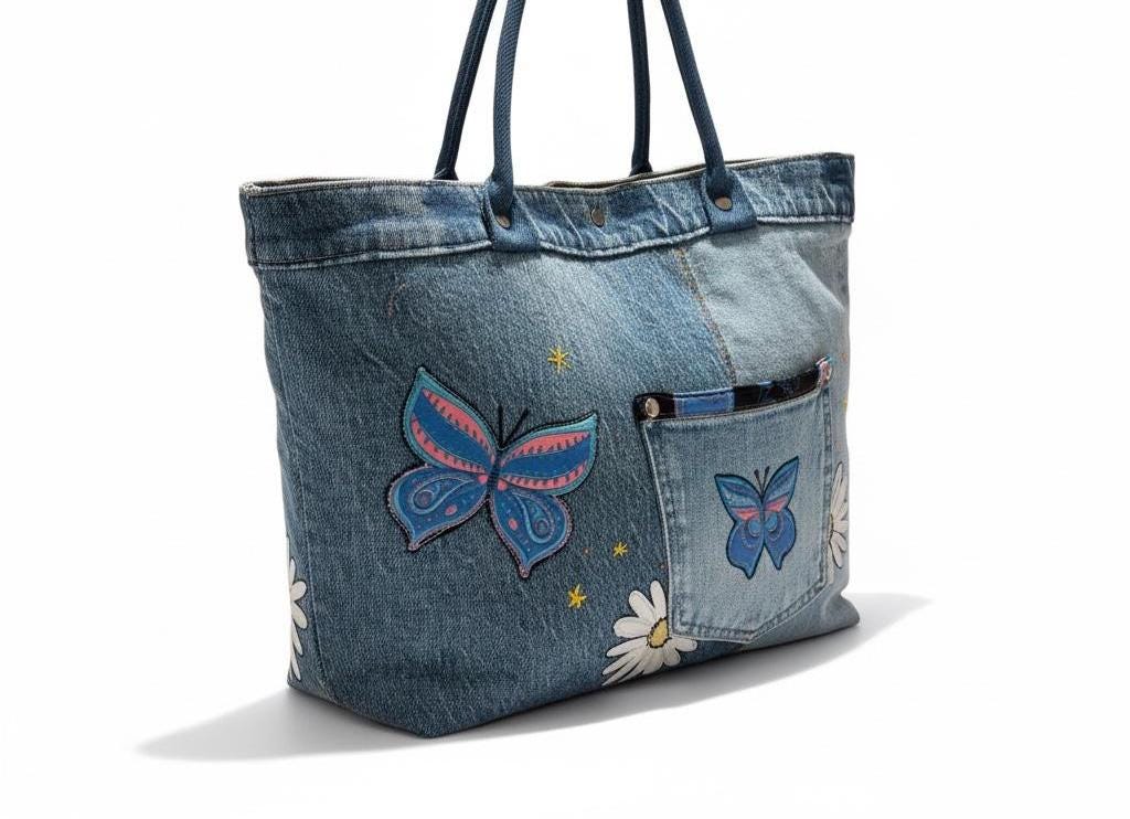 Patchwork Denim Butterfly Tote Bag – Upcycled Jeans Handbag, Floral Applique Purse