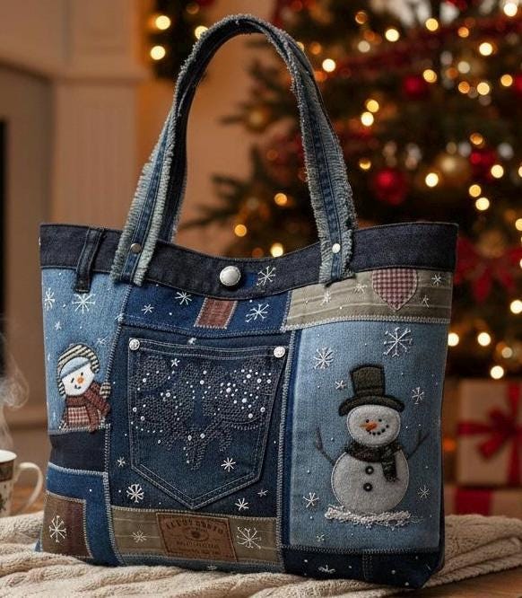 Handmade Upcycled Denim Tote – Snowman Patchwork Winter Bag