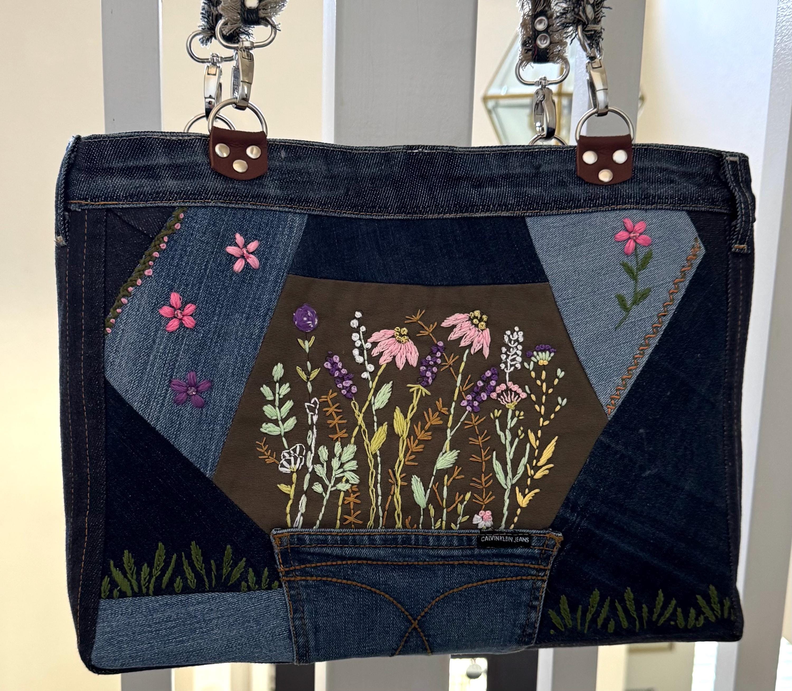 Embroidered Floral Denim Shoulder Bag: Upcycled Patchwork Tote