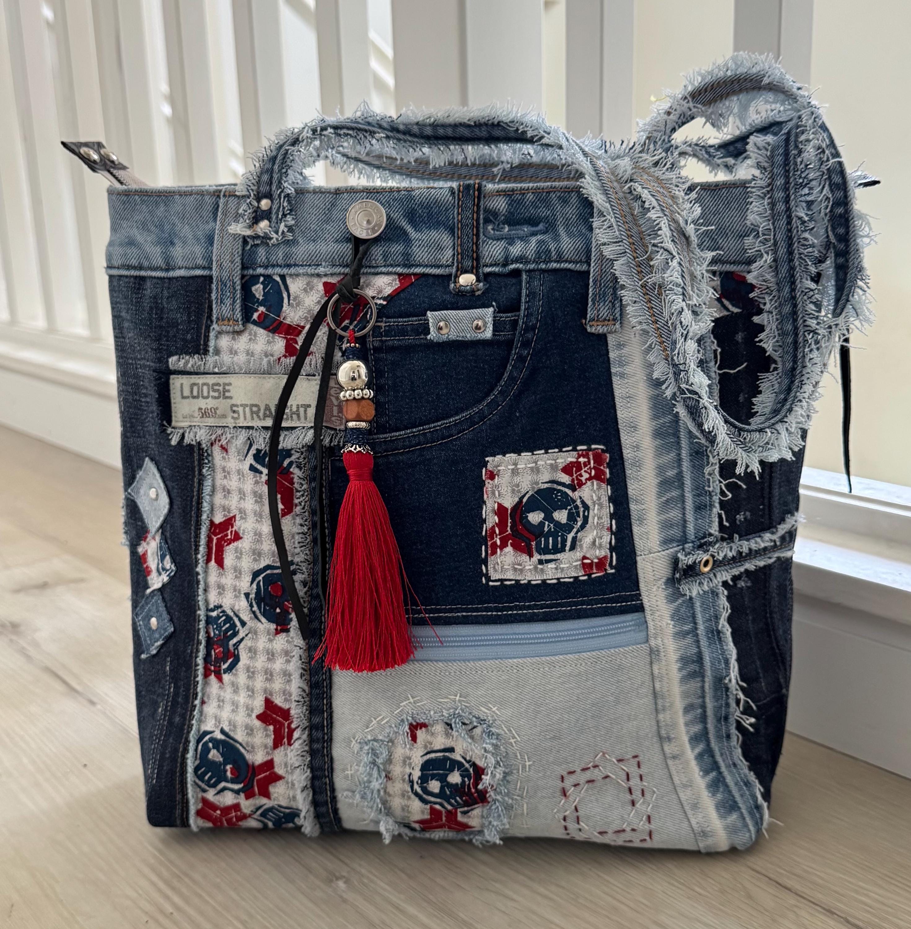 Upcycled Denim Tote: Handmade Skull Patchwork Shoulder Bag