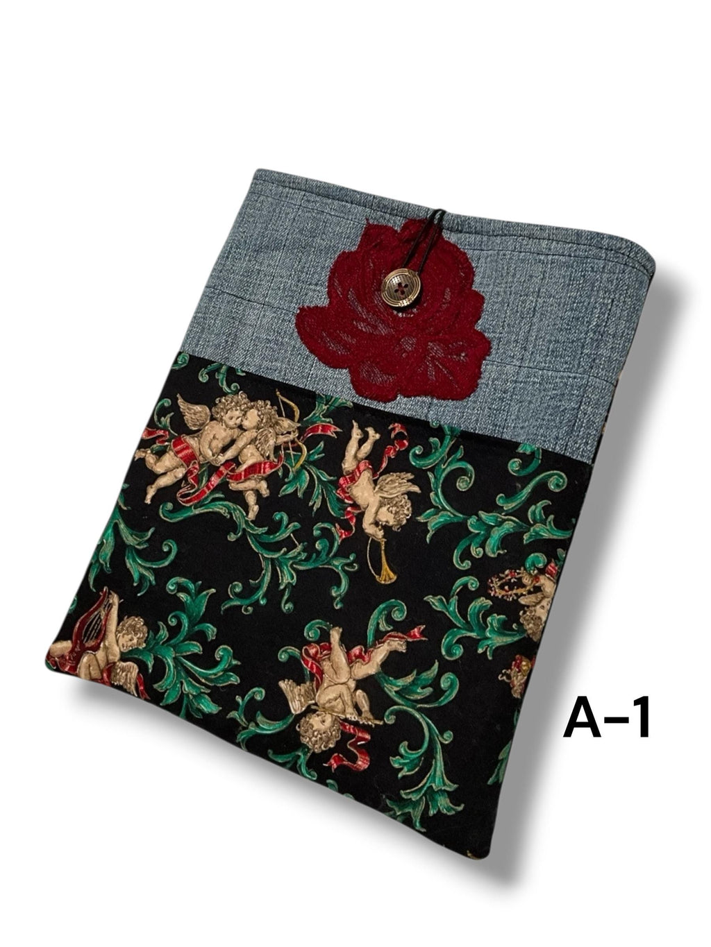 Medium Quilted Denim Sleeve | Patchwork Book Kindle Cover (8x10) Upcycled Bag