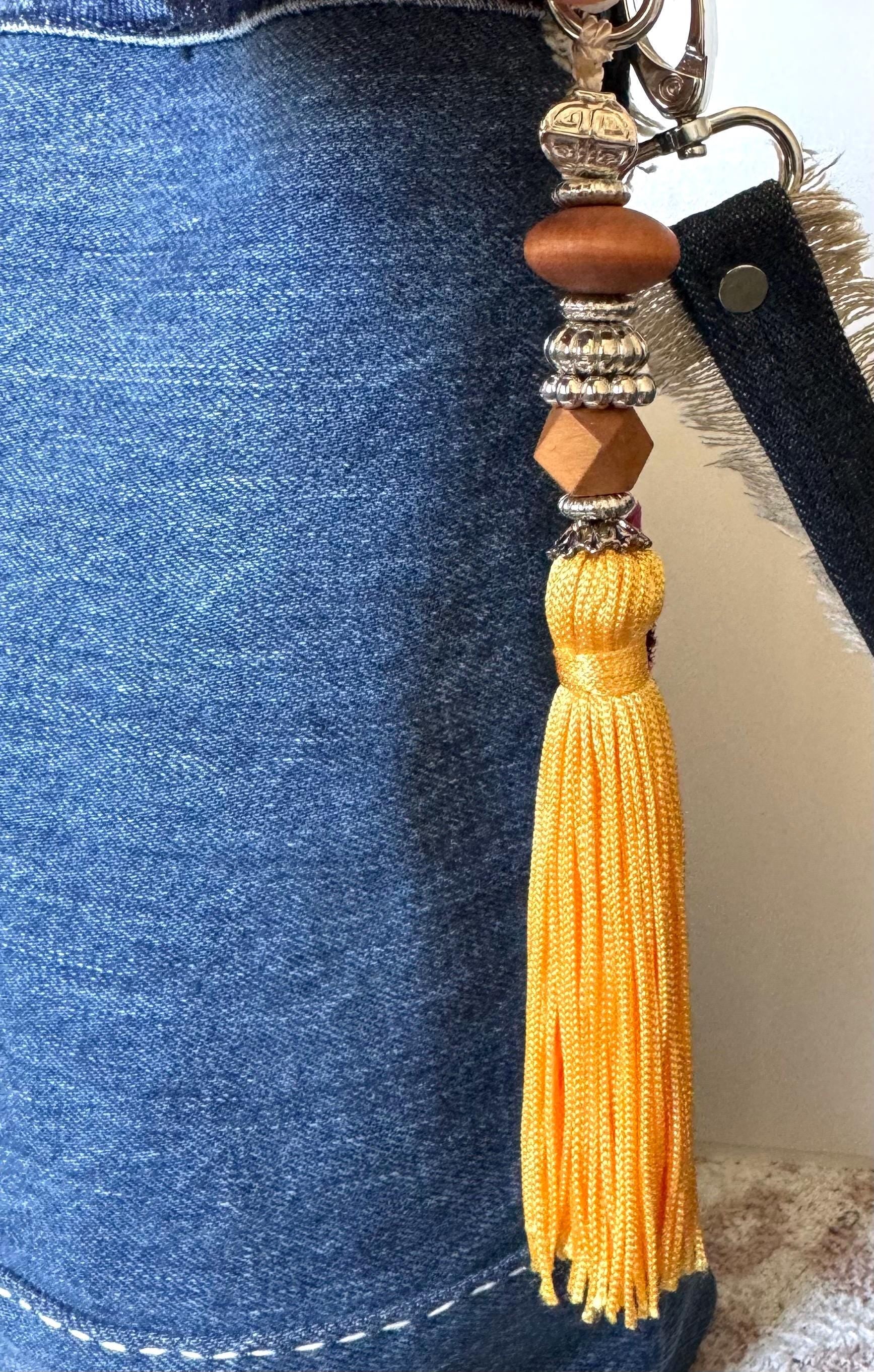 Boho Tassel Bag Charms – Wooden Beads, Silk Tassels, Leather Feather – Keychain or Bag Accessory