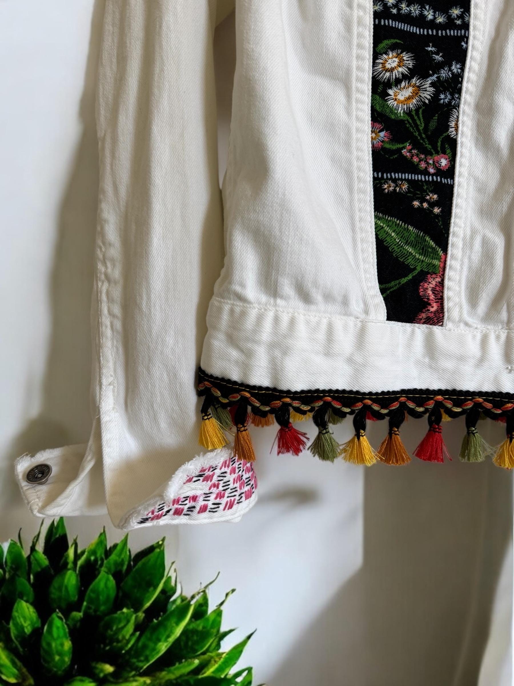 One-of-a-Kind White Distressed Denim Jacket – Patchwork, Sashiko Stitching & Tassel Embellishments – Small Size