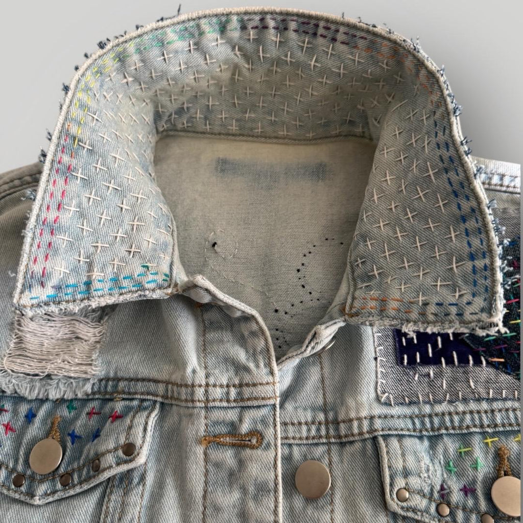 One-of-a-Kind Sashiko Boro Denim Jacket with Butterfly Appliqué | Hand-Embroidered, Upcycled, Japanese Threads