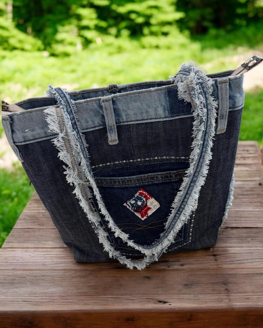 Upcycled Denim Tote: Handmade Skull Patchwork Shoulder Bag