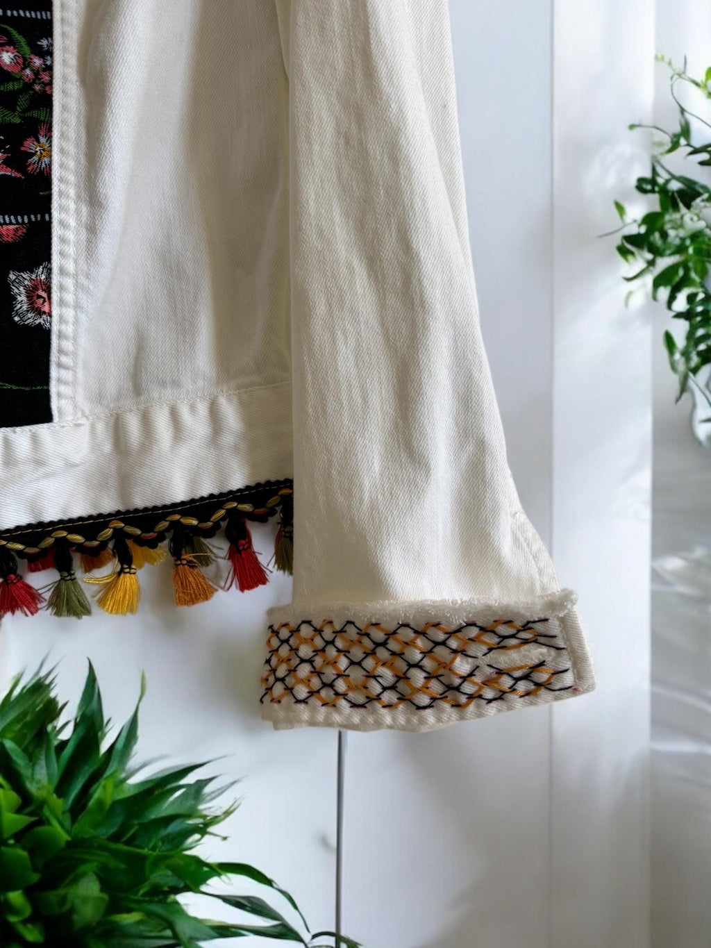 One-of-a-Kind White Distressed Denim Jacket – Patchwork, Sashiko Stitching & Tassel Embellishments – Small Size