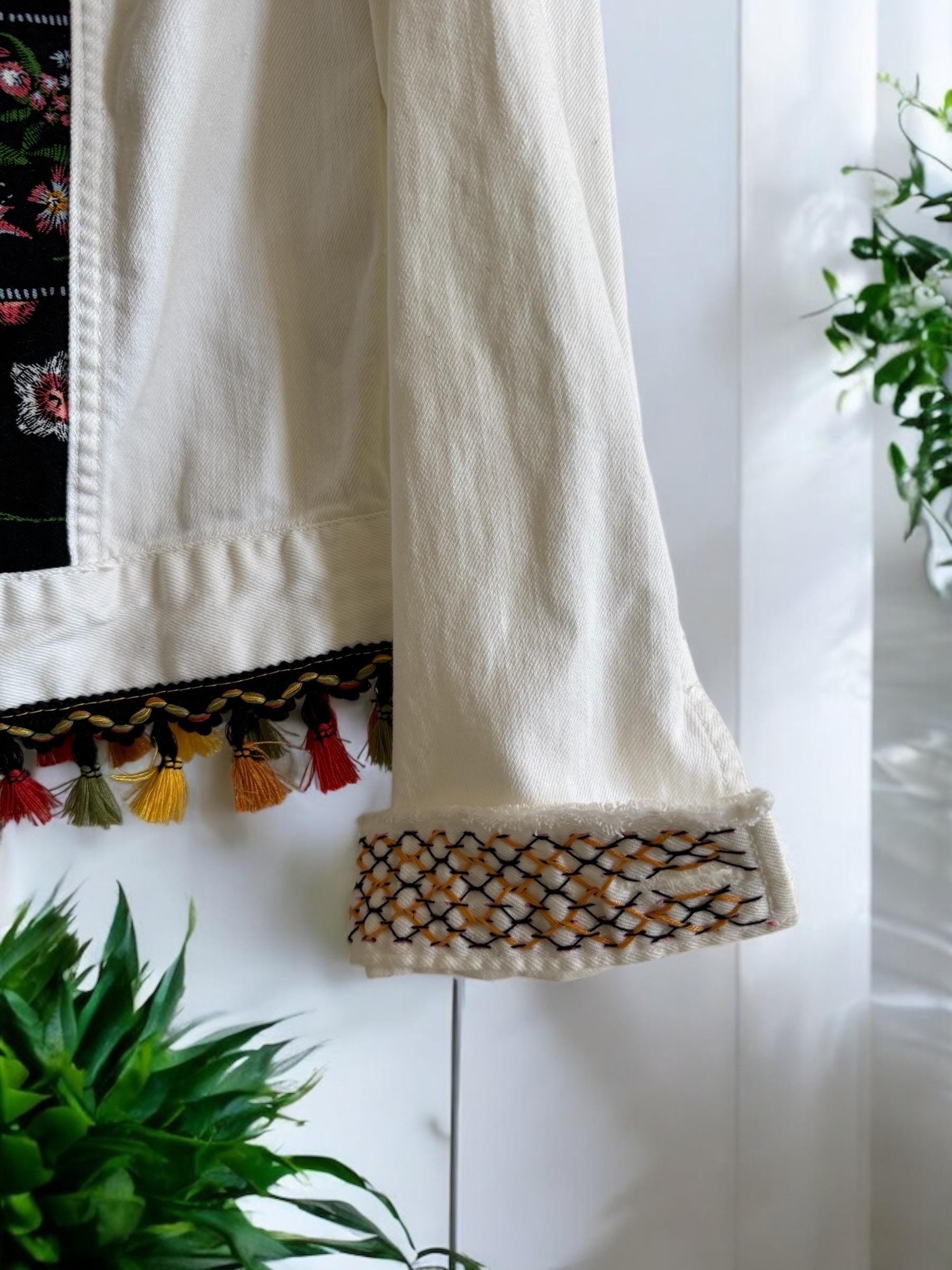One-of-a-Kind White Distressed Denim Jacket – Patchwork, Sashiko Stitching & Tassel Embellishments – Small Size