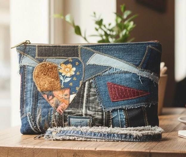Handmade Upcycled Denim Patchwork Clutch – Boho Heart Appliqué Wristlet