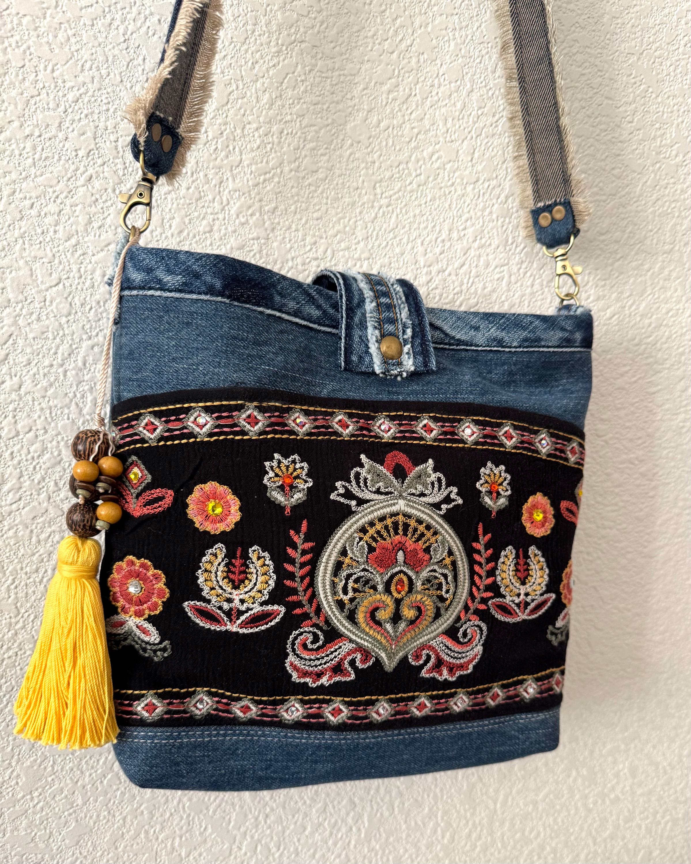 Denim Crossbody Bag with Intricate Embroidered Design | Handmade Shoulder Bag | Boho Folk Style | One-of-a-Kind