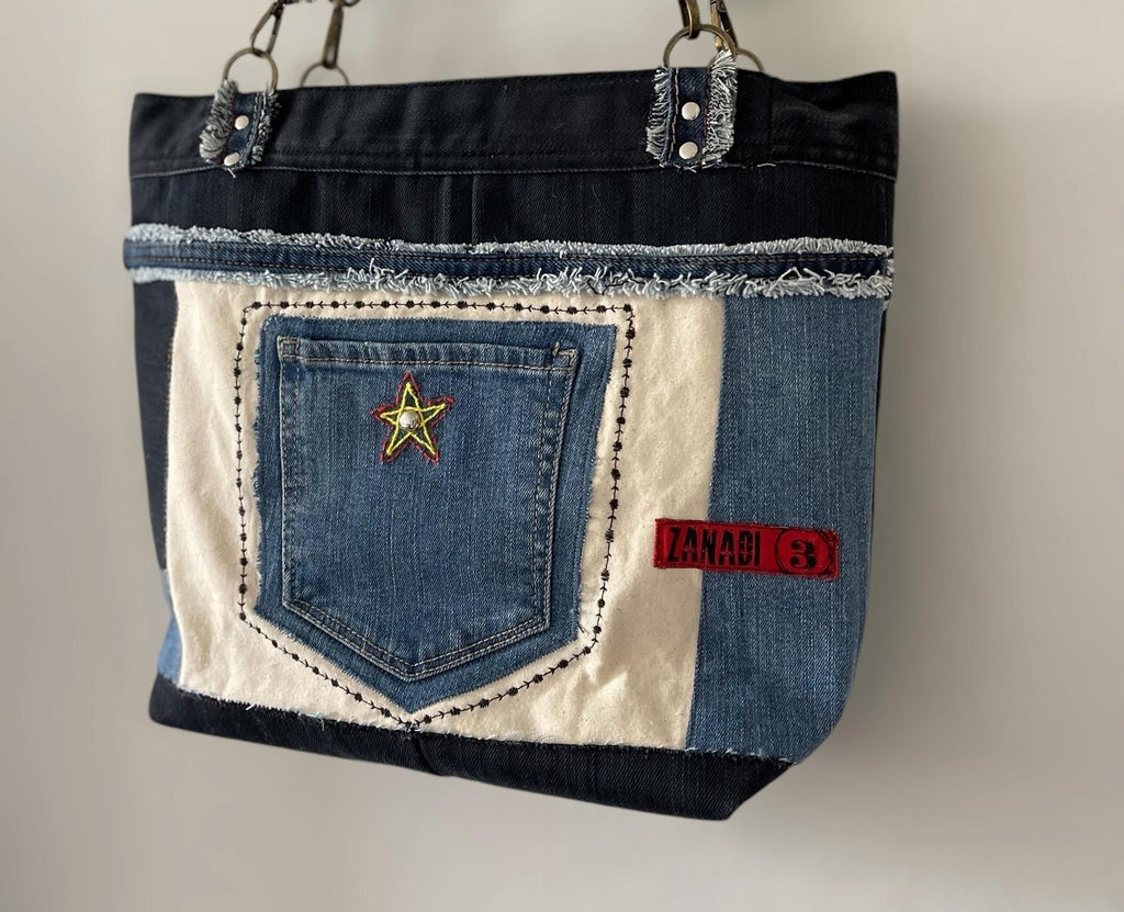 Denim patchwork shoulder bag-tote bag upcycled jeans boho bag