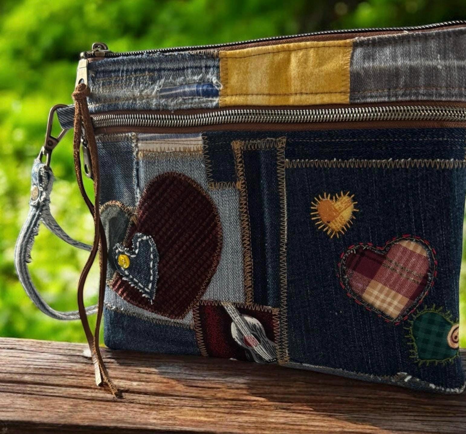 Handmade Denim Crossbody Clutch: Upcycled Patchwork Bag with Heart Appliqués