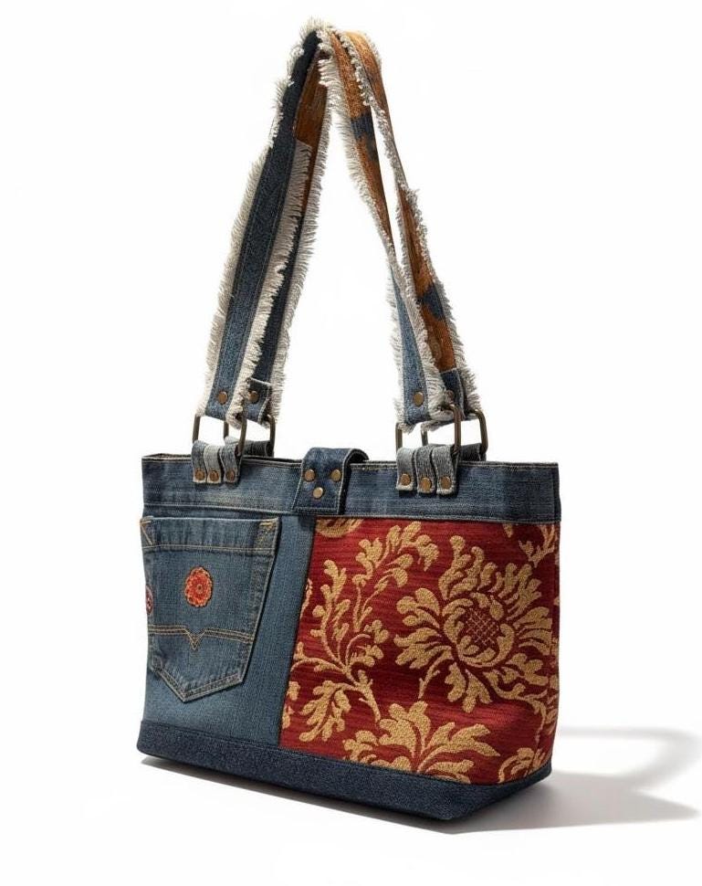 Upcycled Denim Patchwork Shoulder Bag | Leather Bottom Boho Tote Purse