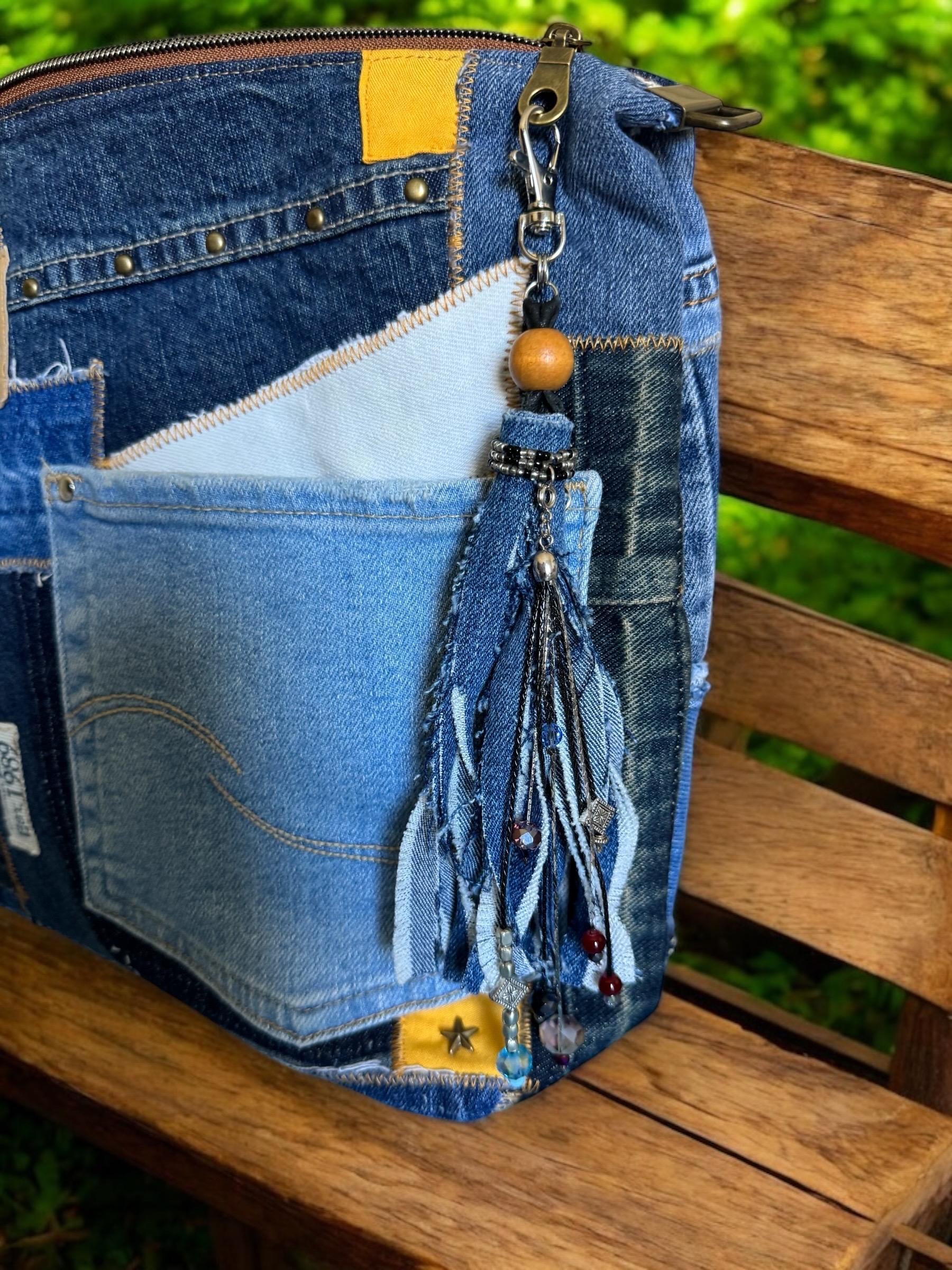 Boho Denim Tassel Charm: Handmade Crystal & Bead Bag Accessory