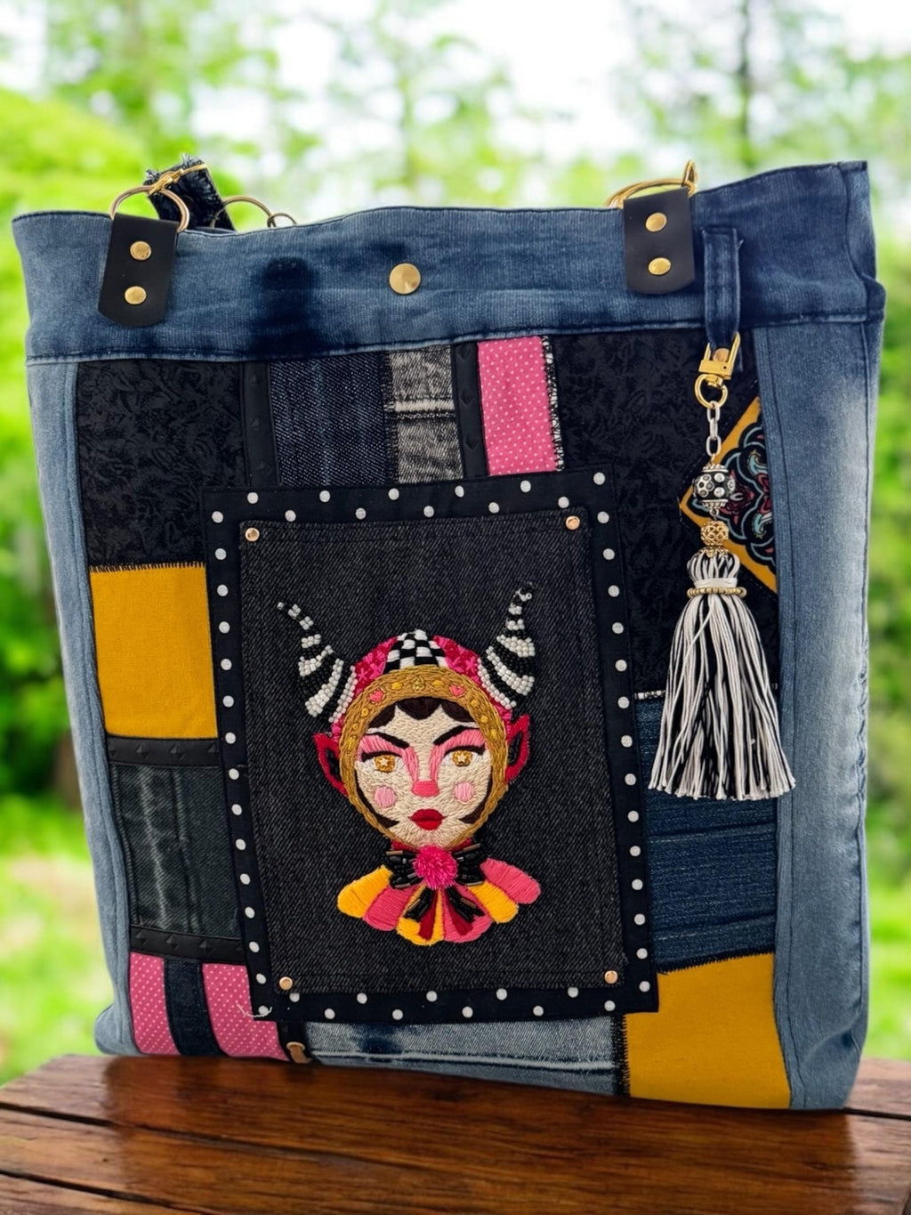 Handmade Upcycled Denim Tote: Embroidered "Little Devil Girl" Boho Bag