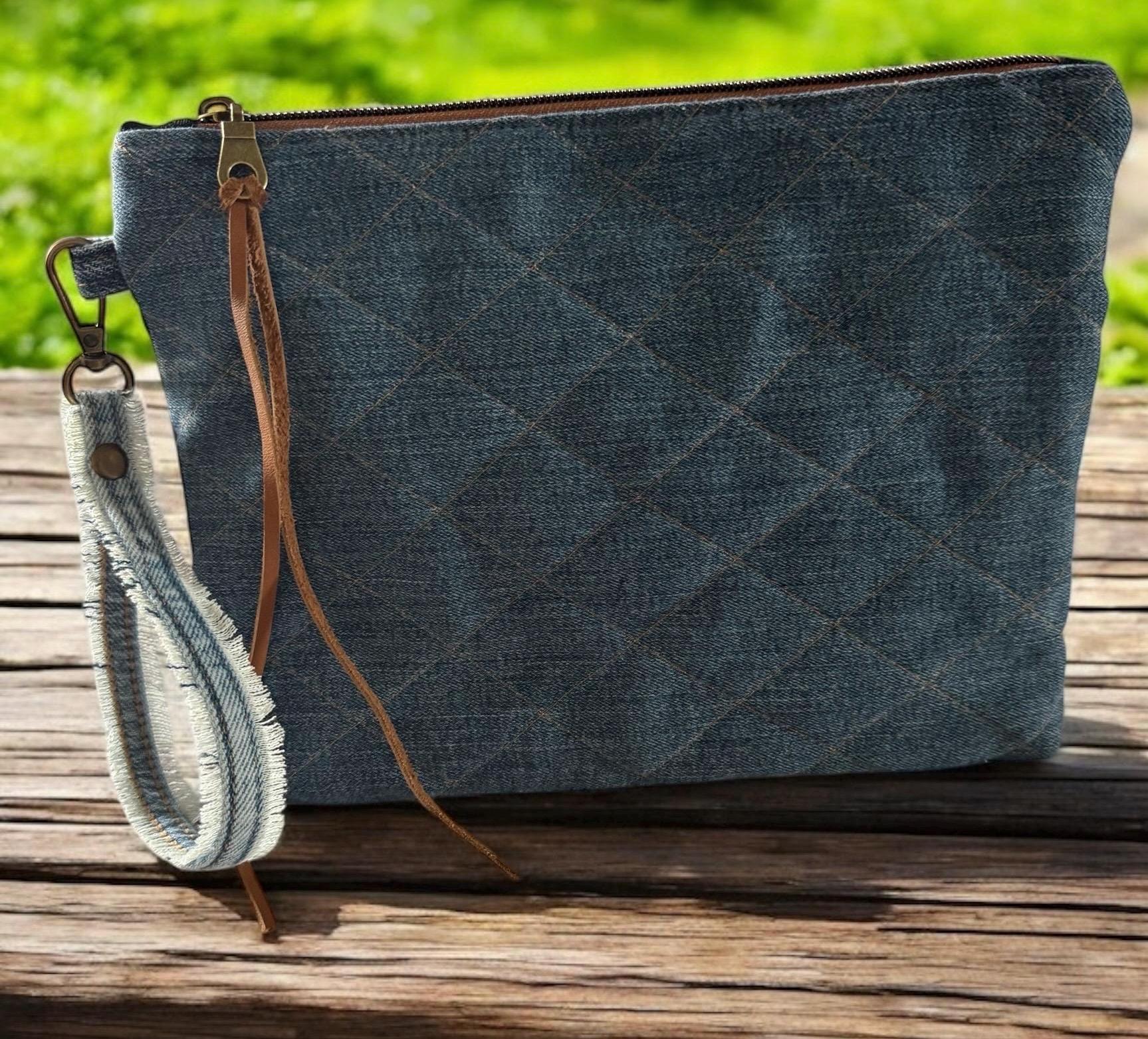 Cat Patchwork Crossbody Clutch Bag – Handmade Upcycled Denim Wristlet with Sunflowers, Appliqué & Chain Strap