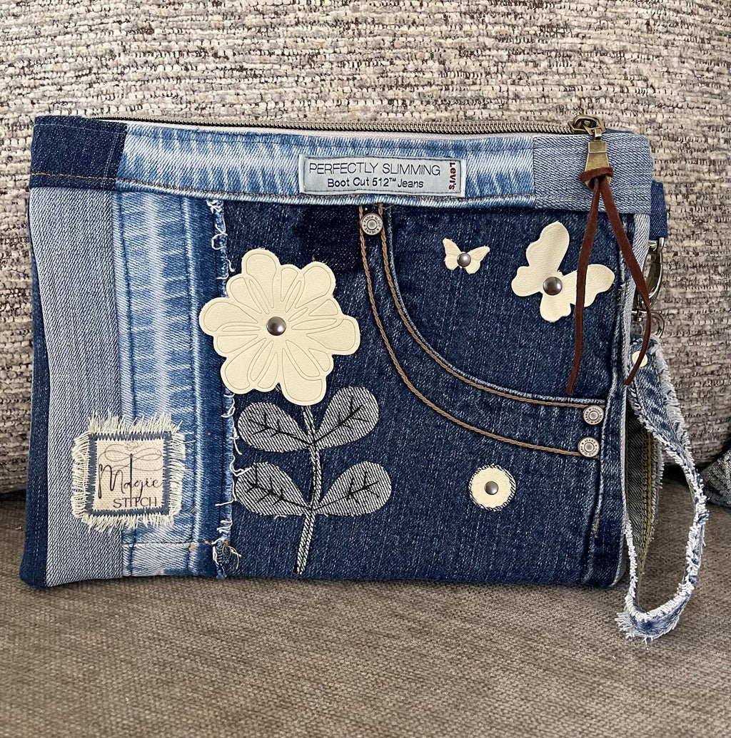 Unique bohemian handbag One-of-a-Kind Denim Patchwork Clutch with removable Wrist Handle
