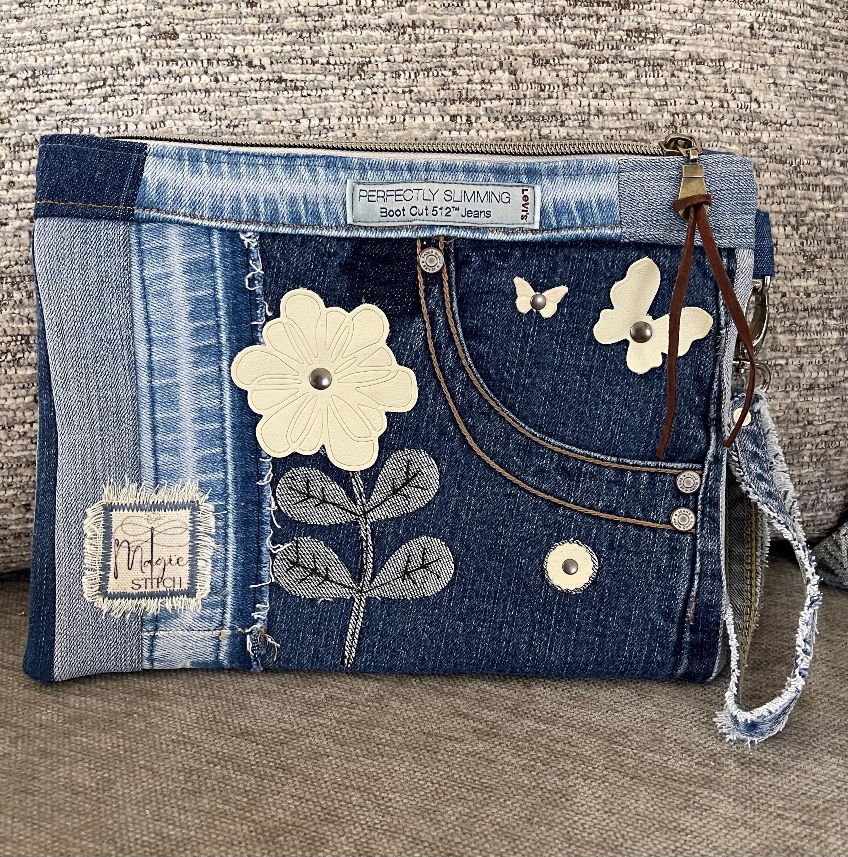 Unique bohemian handbag One-of-a-Kind Denim Patchwork Clutch with removable Wrist Handle