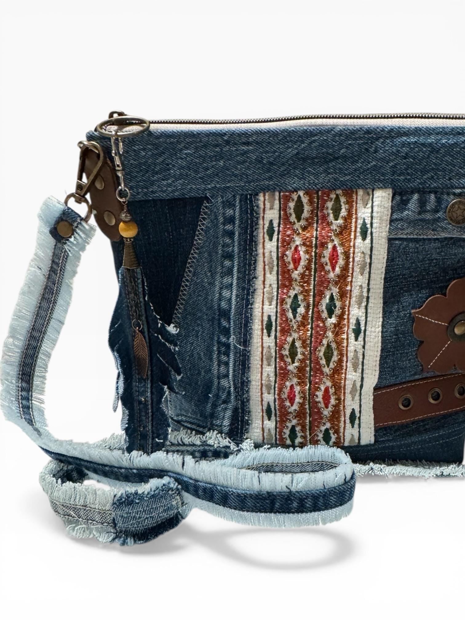 Upcycled Denim Crossbody Bag | Patchwork Boho Western Purse with Leather Flower
